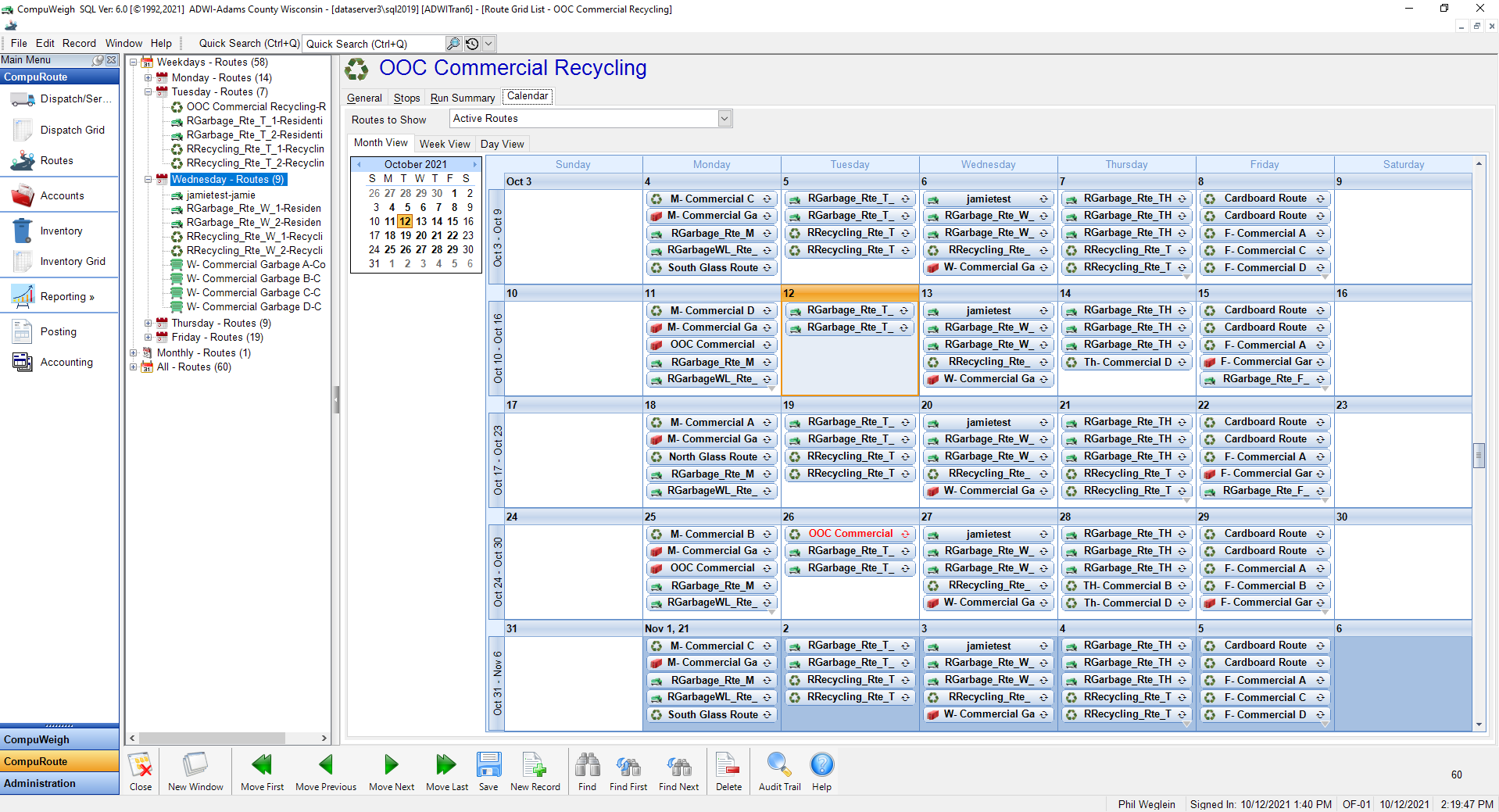 Screenshot of CompuRoute Schedule Calendar